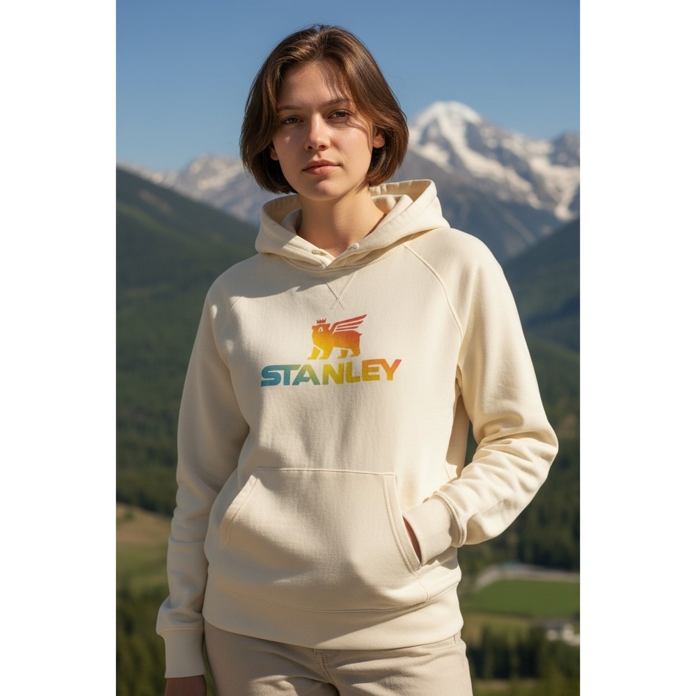 Stanley Hoodie Mens Small Cream Rainbow Logo Winged Bear Sweatshirt Rare NWOT‎